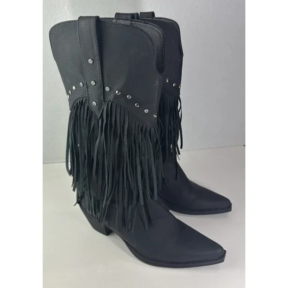 Roper Oakley Studded Pointed Toe Cowboy Black Boots Western Fringe Women's 8 - Picture 7 of 11